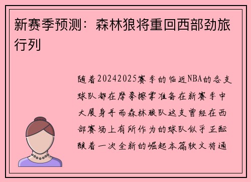 新赛季预测：森林狼将重回西部劲旅行列
