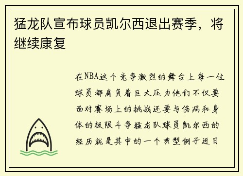猛龙队宣布球员凯尔西退出赛季，将继续康复