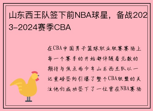 山东西王队签下前NBA球星，备战2023-2024赛季CBA